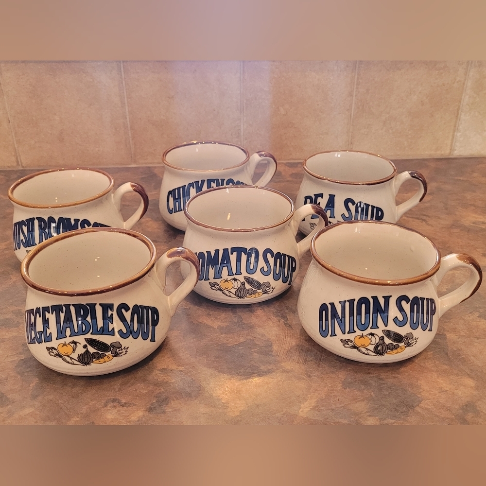 Blue Lettered Ceramic Soup Mugs - Set of 6